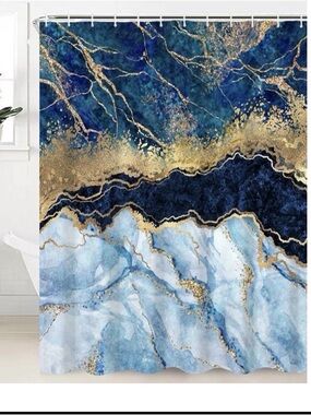 Blue Marble Shower Curtain with Gold Accent with Mat and Toilet Seat Cover